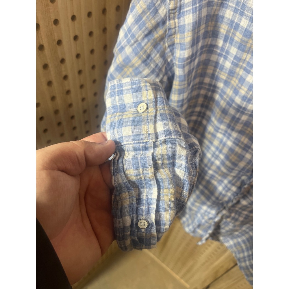 Peter Millar Mens Large Blue Plaid Linen Blend Long Sleeve Button Down Shirt L - Picture 4 of 5